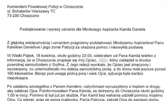Na zdjęciu treść podziękowań skierowanych do Komendanta Powiatowej Policji w Choszcznie.