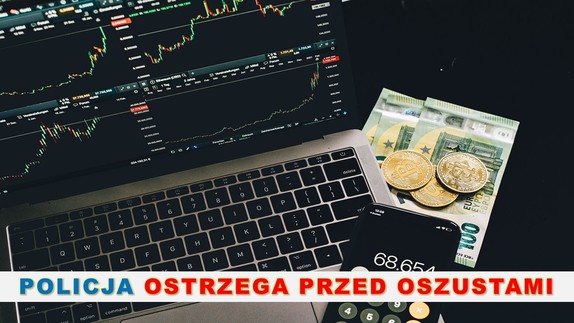 Otwarty laptop a na dole napis: Policja ostrzega przed oszustami.