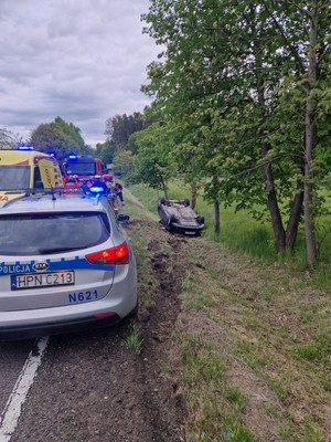 Samochód w rowie, a na poboczu widoczny radiowóz policyjny, karetka i wóz straży pożarnej.