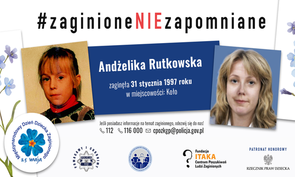 Grafika z wizerunkiem Andżeliki w wieku dziecięcym oraz jej wizerunek po wykonaniu progresji wieku.