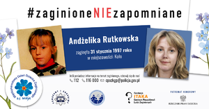 Grafika z wizerunkiem Andżeliki w wieku dziecięcym oraz jej wizerunek po wykonaniu progresji wieku.
