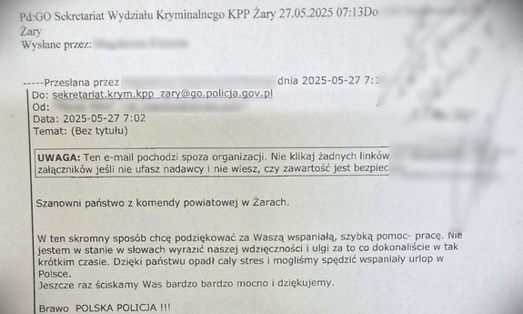 Treść podziękowań dla policjantów.
