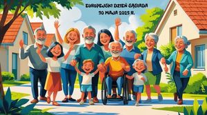 Rysunek, na którym widać grupę ludzi a u góry napis: Europejskie Dzień Sąsiada 30 maja 2025.