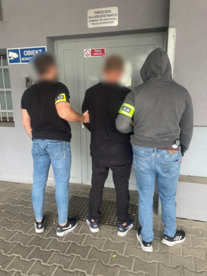 Dwaj nieumundurowani policjanci prowadzą zatrzymanego. Widok z tyłu.