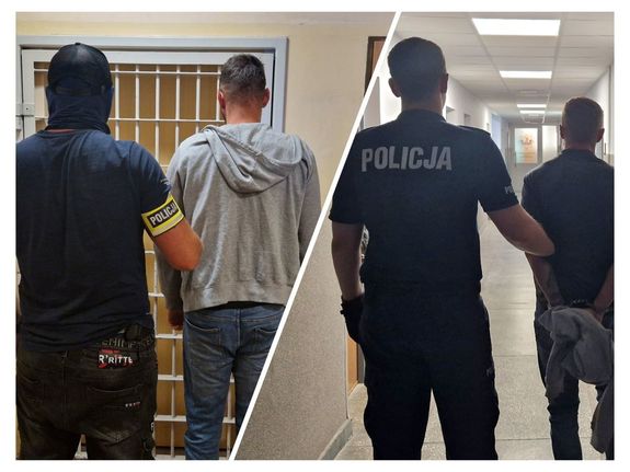 Kolaż zdjęć policjantów z zatrzymanymi mężczyznami.