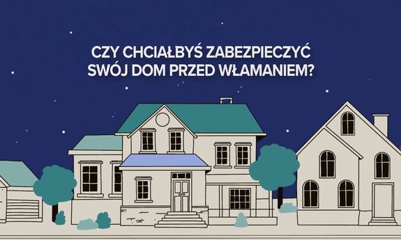 Budynki mieszkalne a nad nimi napis: Czy chciałbyś zabezpieczyć swój dom przed włamaniem?