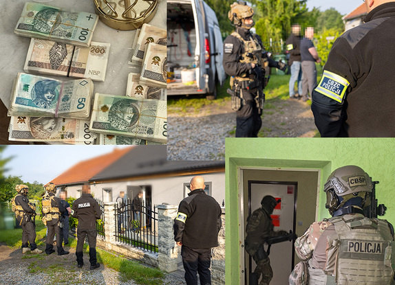 Kolaż zdjęć - na trzech policjanci przed jedną z posesji, na kolejnym zdjęciu zabezpieczone banknoty.