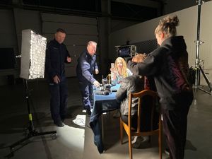 Na zdjęciu dwie kobiety siedzące przy stole. Obok nich stoją dwaj umundurowani policjanci i kolejna kobieta.