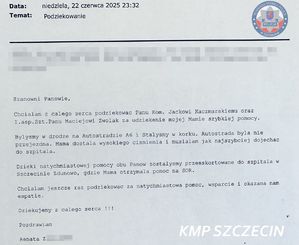 Zdjęcie listu z podziękowaniami dla policjantów.