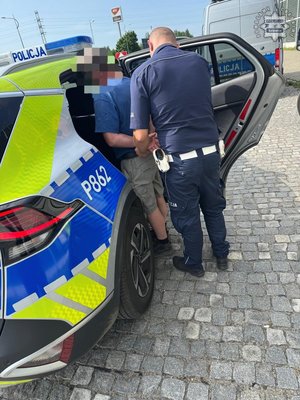 Policjant ruchu drogowego z zatrzymanym w drzwiach radiowozu - widok z tyłu.