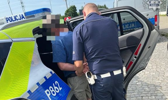Policjant ruchu drogowego z zatrzymanym w drzwiach radiowozu - widok z tyłu.