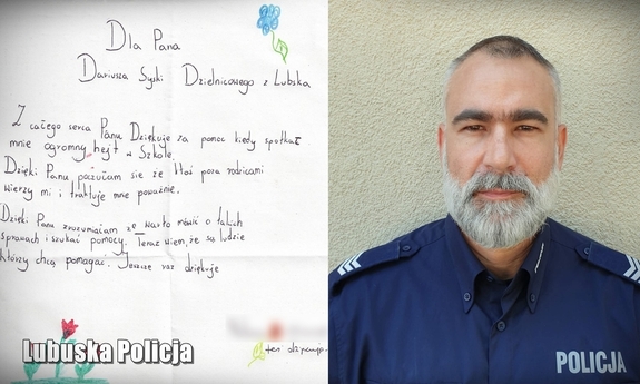 Kolaż zdjęć przedstawia policjanta i przesłane podziękowania.