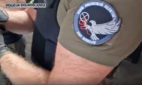Zdjęcie naszywki dolnośląskich łowców głów na rękawie policjanta.