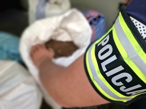 Na pierwszym planie widoczna opaska na ramieniu z napisem Policja. w tle widać zabezpieczony tytoń  w worku.