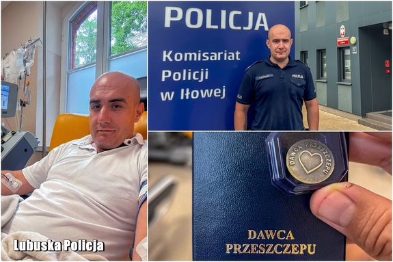 Kolaż trzech zdjęć. Na jednym umundurowany policjant pozuje do zdjęcia przy ściance z napisem: Policja, Komisariat Policji w Iłowej, w tle widoczny jest budynek komisariatu Policji. Na drugim policjant w trakcie badania. Na trzecim legitymacja dawcy przeszczepu.
