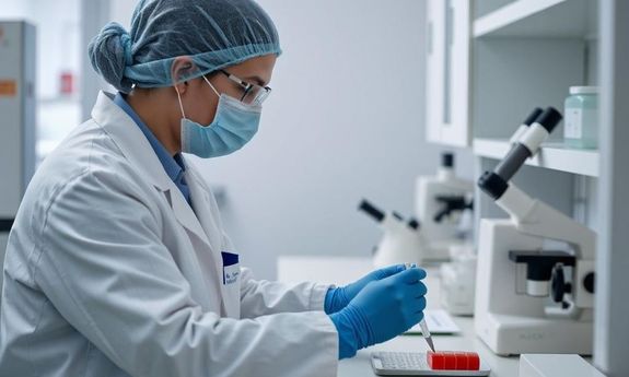 zdjęcie poglądowe kobiety siedzącej przy biurku w laboratorium.