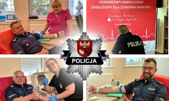 Policjanci podczas akcji krwiodawstwa - kolaż czterech zdjęć.