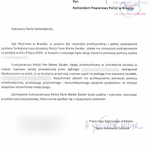 Zdjęcie listu z podziękowaniami dla policjanta.