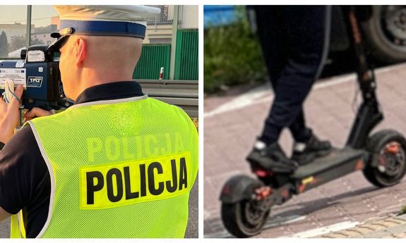 Zdjęcie poglądowe - z lewej strony policjant mierzący prędkość, z prawej widoczne są nogi osoby jadącej hulajnogą.