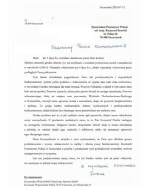 Zdjęcie listu z podziękowaniami dla policjantów.