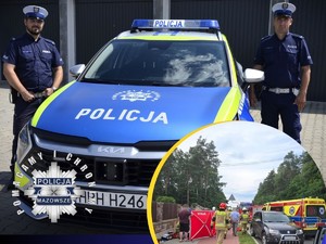 Policyjny radiowóz, a na dole w kółku miejsce zdarzenia.