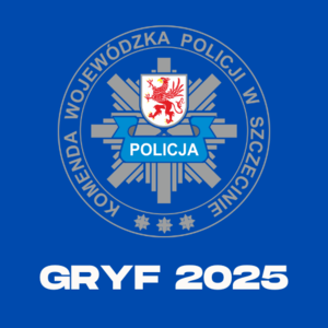 Logo Komendy Wojewódzkiej Policji w Szczecinie a pod spodem nazwa akcji: GRYF 2025.