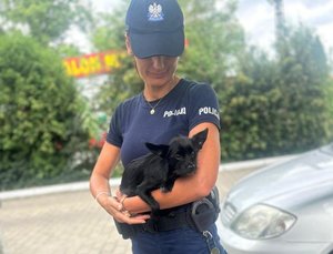 Policjantka trzyma na rękach pieska.