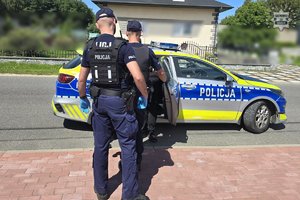Zdjęcie przedstawia umundurowanych policjantów prowadzących zatrzymanego do radiowozu.