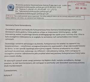 Zdjęcie listu z podziękowaniami dla policjanta.