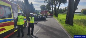 Miejsce wypadku. Policjant i policjantka stoją przy karetce pogotowia. W głębi rozbity samochód i pojazdy służb ratunkowych.