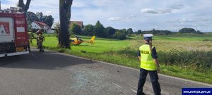 Miejsce wypadku. Na drodze stoi policjantka, strażacy  i wóz strażacki. W głębi na łące stoi śmigłowiec Pogotowia ratunkowego.