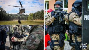 Kolaż trzech zdjęć uzbrojonych funkcjonariuszy i śmigłowca.