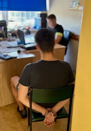 Policjant przesłuchuje zatrzymanego siedzącego na krześle.