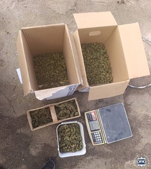 Zabezpieczona przez policjantów marihuana w kartonach i pojemnikach oraz waga elektroniczna.