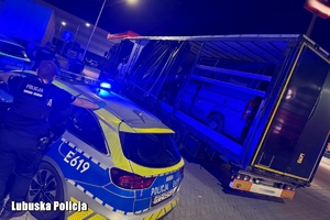 Policjant stoi przy radiowozie obok naczepa z busami.