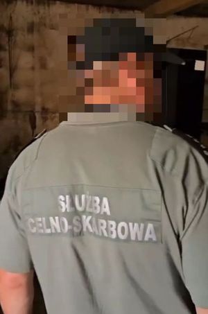 Na zdjęciu mężczyzna, który ma założoną koszulkę z napisem Służba Celno-Skarbowa