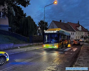 Autobus na pasach, przed nim radiowóz.