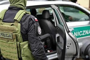 Na pierwszym planie odwrócony tyłem policjant. W tle pojazd Straży Granicznej, w którym siedzi zatrzymany.
