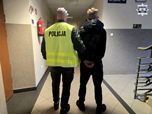 Nieumundurowany policjant w kamizelce z napisem Policja trzyma za ramię zatrzymanego mężczyznę w kajdankach.