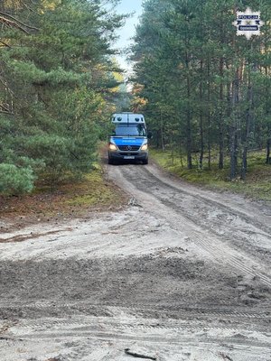 Policyjny radiowóz wyjeżdża z lasu.