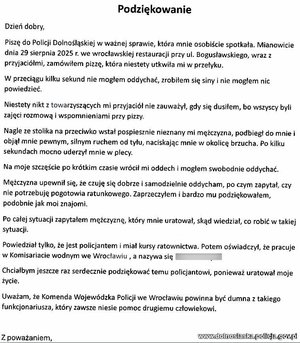 Zdjęcie listu z podziękowaniami dla policjanta.
