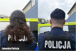 Kolaż dwóch zdjęć. Na obu połączonych zdjęciach odwrócony tyłem funkcjonariusz. Na jednym zdjęciu z długimi włosami, na drugim po ścięciu włosów.
