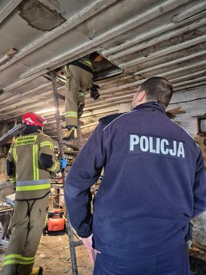 Strażacy wchodzą na strych, obok stoi policjant.