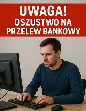 grafika z napisem &amp;amp;quot;uwaga oszustwo&amp;amp;quot;. i mężczyzną, który siedzi przed komputerem.