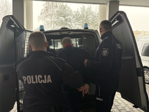 Policjanci wprowadzają do radiowozu zatrzymanego.