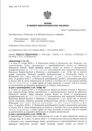 Pierwsza strona wyroku sądu.