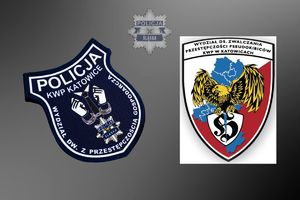 Logo Policji KWP w Katowicach i Wydziału ds. zwalczania przestępczości pseudokibiców.