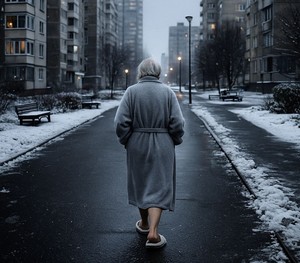 Grafika poglądowa: starsza kobieta w szlafroku i kapciach idzie ulicą między blokami.