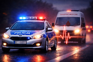 Policyjny radiowóz i za nim transport medyczny.
