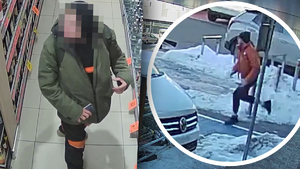 Stop klatka z nagrania: po lewej mężczyzna, który kradnie w sklepie whisky i biegnący policjant w cywilnym ubraniu.